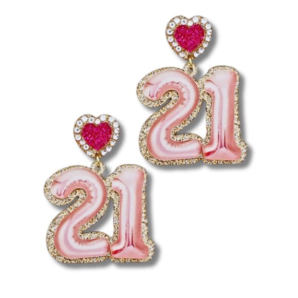 HAPPY BIRTHDAY PINK 21 YEARS OLD EARRINGS NEW - Picture 2 of 2